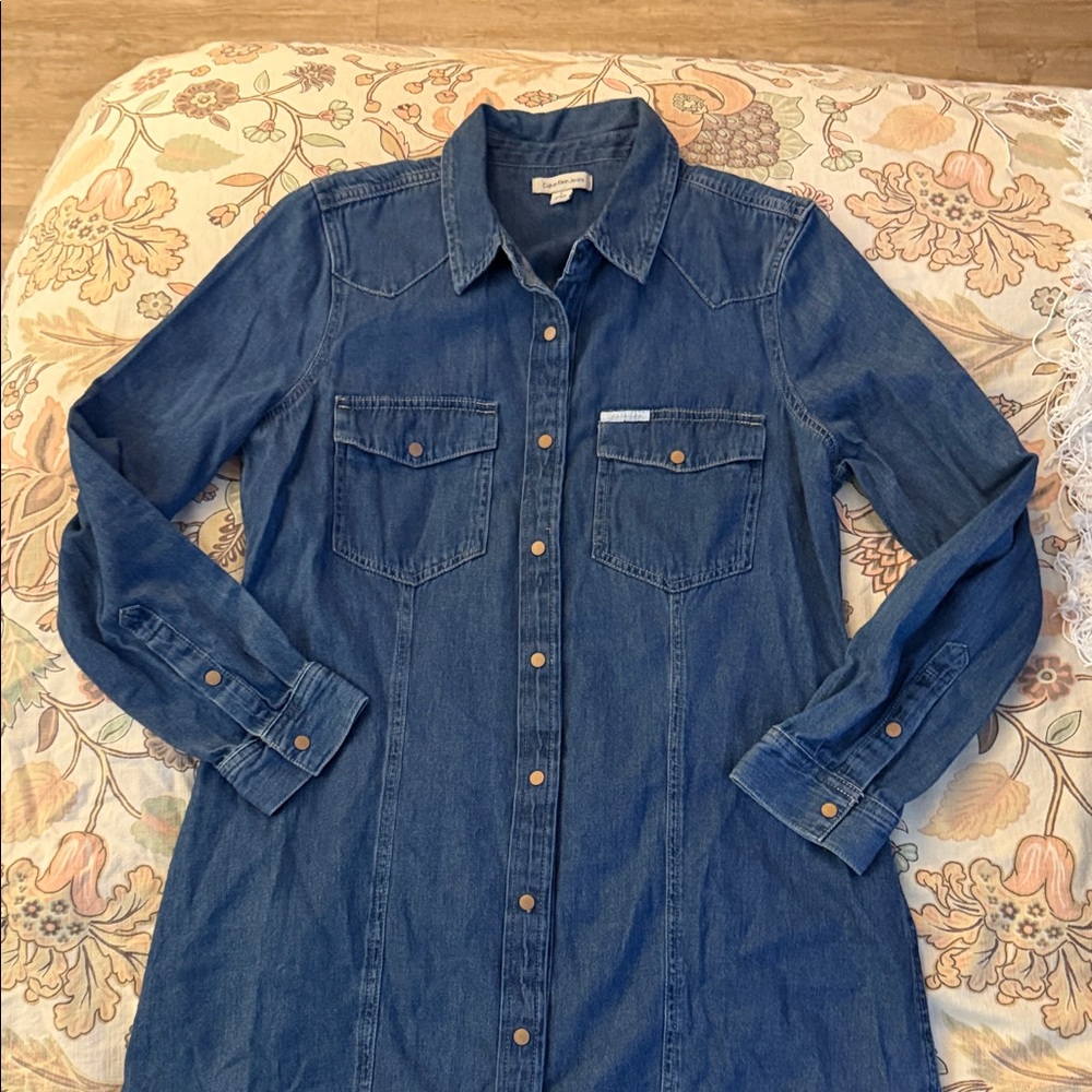 Calvin Klein Denim Button-Up long Shirt dress women’s size large snap front